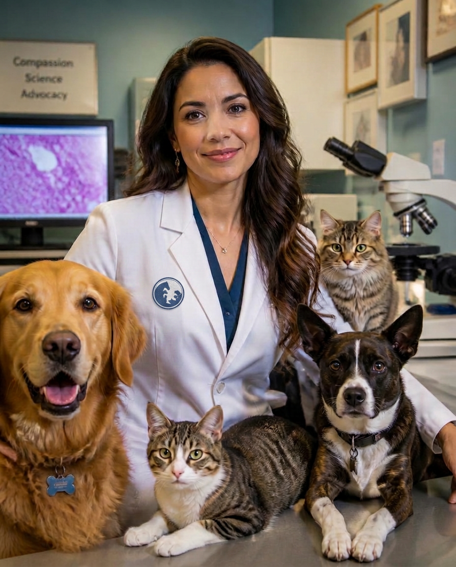 Patóloga veterinaria en laboratorio rodeada de perros y gatos