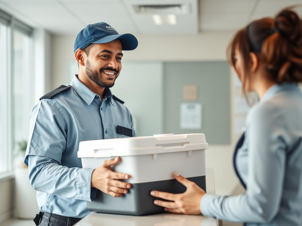 Mensajero recibiendo muestras veterinarias en la clínica