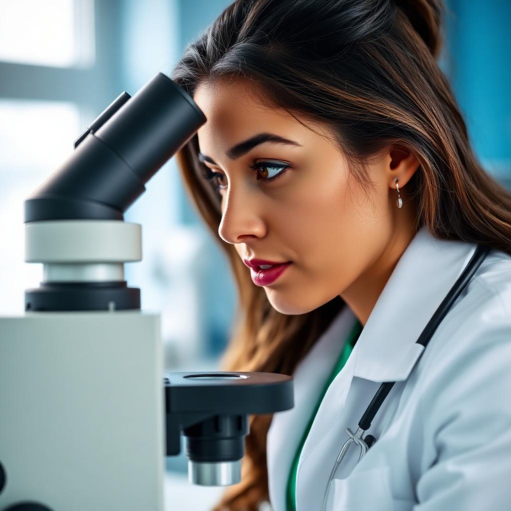 Patóloga veterinaria analizando una muestra al microscopio